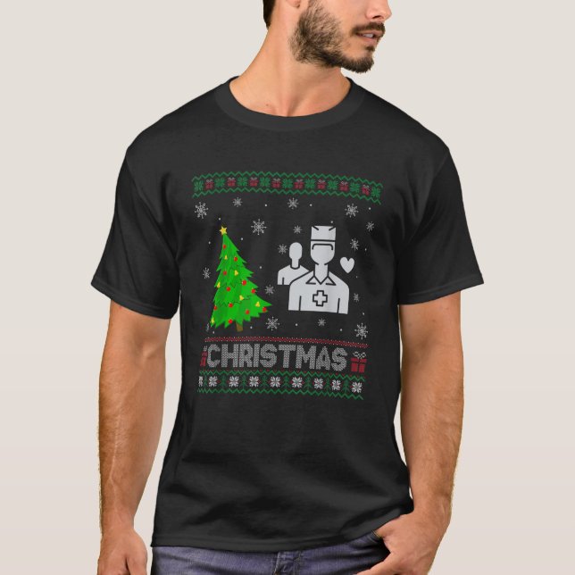 Camiseta Trabalhador de Saúde Xmas Tree Lighting Ugly Chris (Frente)