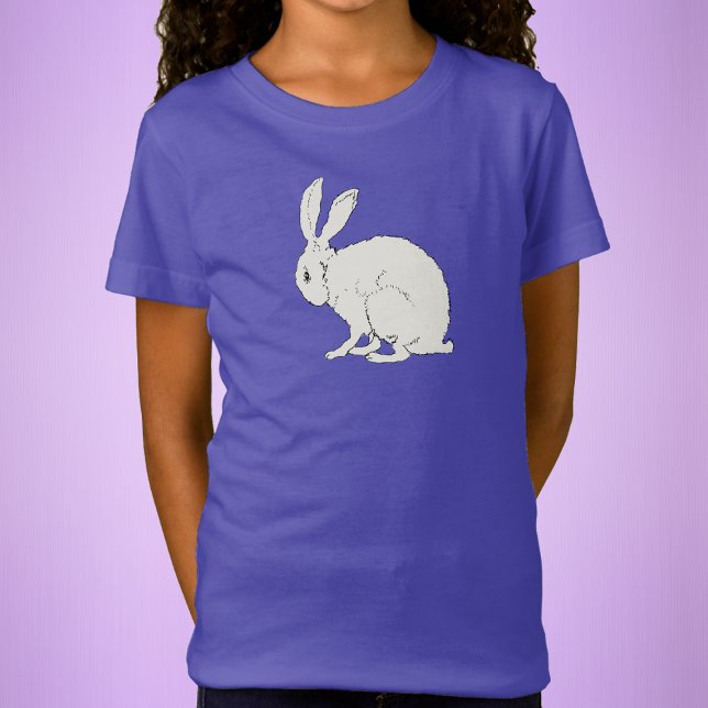 Camiseta Traçado preto do coelho branco minimalista (Pretty sitting white rabbit drawing on purple childs tee shirt.)