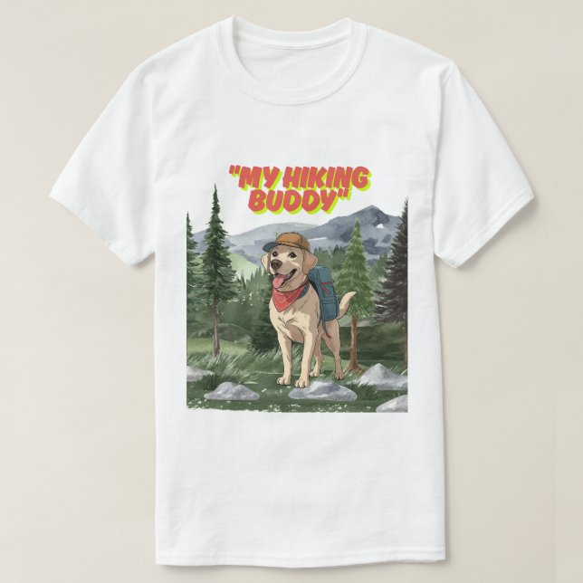 Camiseta Trail Buddy – Hiking Labrador Adventure (Frente do Design)