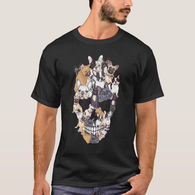 Camiseta Traje de Dia das Bruxas de Cachorro Crânio Francês (Frente)
