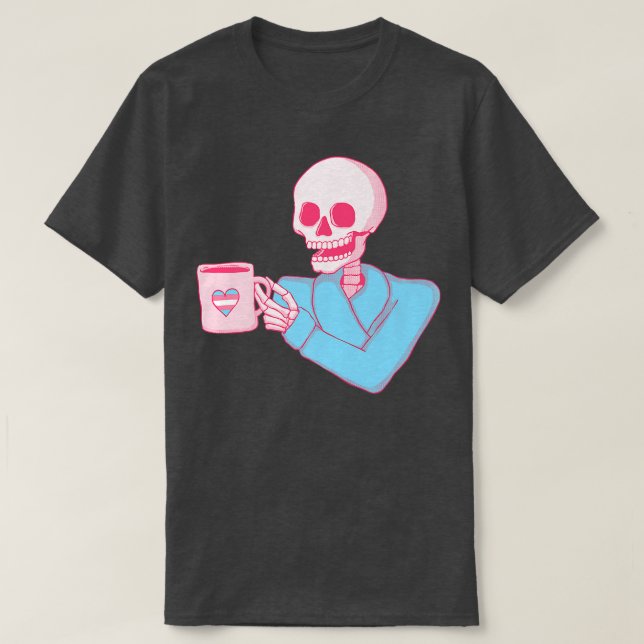Camiseta Trans Pride Skeleton Drinking Coffee Transgender  (Frente do Design)
