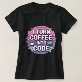 Camiseta Transformo Café em Código - Arte Retro Pixel Mulhe