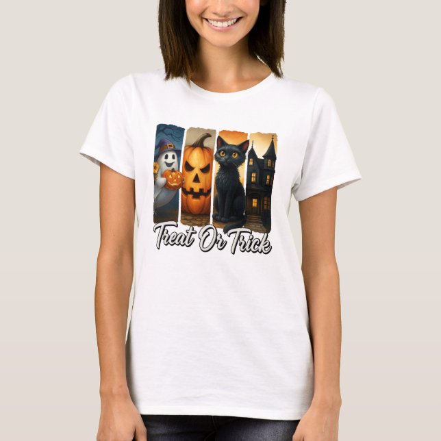 Camiseta Tratar ou Trick Halloween Black Cat (Frente)