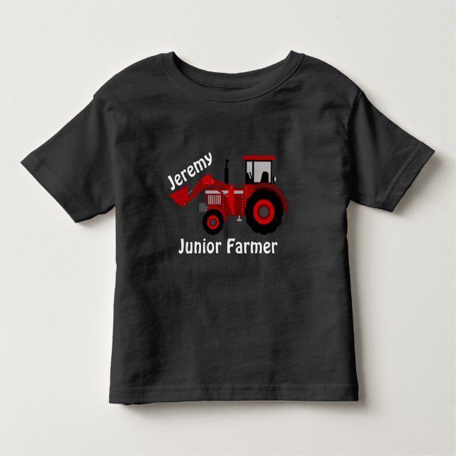 Camiseta Trator de carga vermelha "Junior Farmer" e "Name" (Frente)