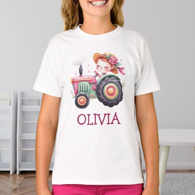Camiseta Trator Rosa Fofo Personalizado para Meninas (Criador carregado)
