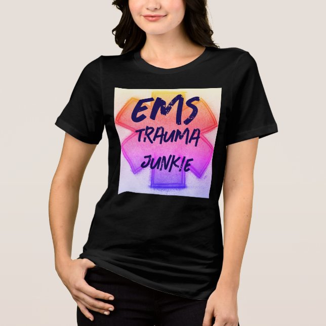 Camiseta Trauma EMS, viciado em amarelo, rosa e roxo (Frente)