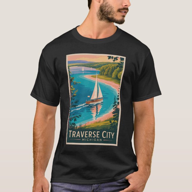 Camiseta Traverse City Michigan Illustration Viagem Art (Frente)