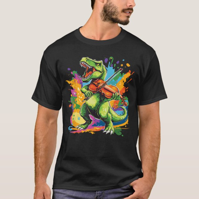 Camiseta TRe Dinossauro Tocando Violino Viola Para Presente (Frente)