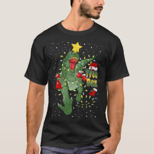 Camiseta Tree Rex Dinossaur Pajamas Luzes de Natal para Hom