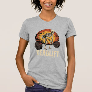 Camiseta Treino de Academia de Halloween Esqueleto Levantam