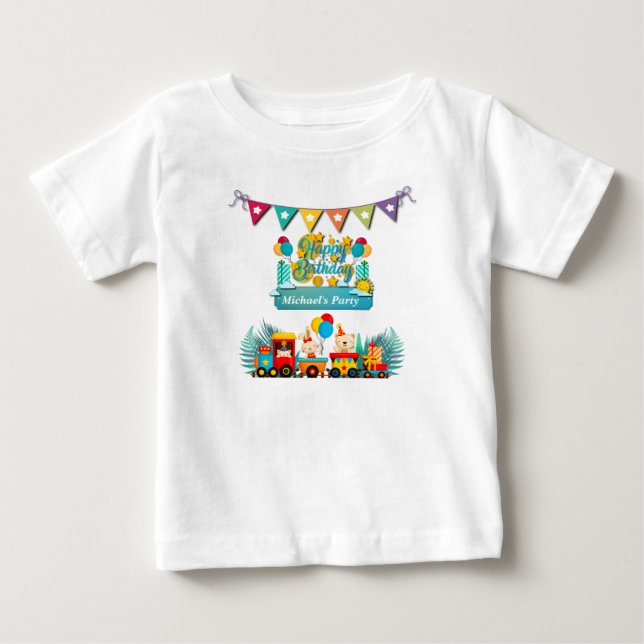 Camiseta Trem de Aniversário Feliz Com Desejos de Animais F (Frente)