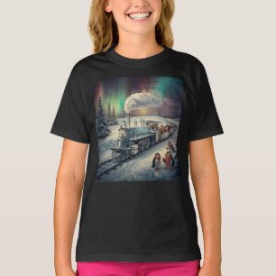 Camiseta Trem Polar Express de Pinguim Fofo Luzes do Norte