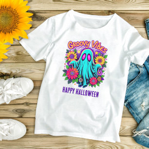 Camiseta Trendy Neon Floral Retro Ghost Groovy Halloween