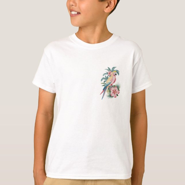 Camiseta Trendy Summer Beach, Papagaio e Flores de Hibiscus (Frente)