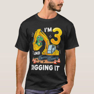 Camiseta Três 3 anos 3º Aniversário Construção Dinossauro M