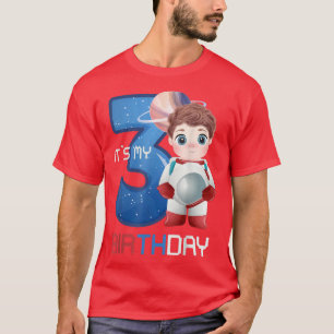 Camiseta Três Aniversário Pequeno Rapaz Espacial 3 Anos Atr