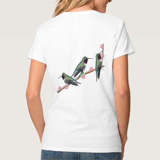 Camiseta Três beija-flores tocando num galho Flores Silas (Verso)