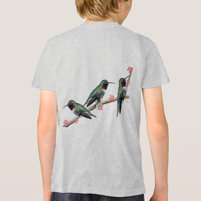 Camiseta Três beija-flores tocando num galho Flores Silas (Verso)