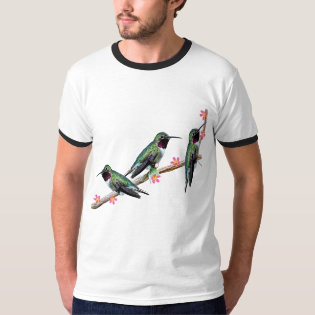 Camiseta Três beija-flores tocando num galho Flores Silas (Frente)