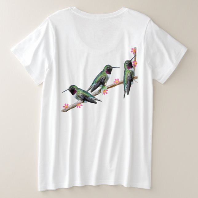 Camiseta Três beija-flores tocando num galho Flores Silas (Verso do Design)