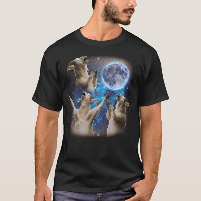 Camiseta Três Caprinos Uivando Na Lua Esquerda Cabra (Frente)