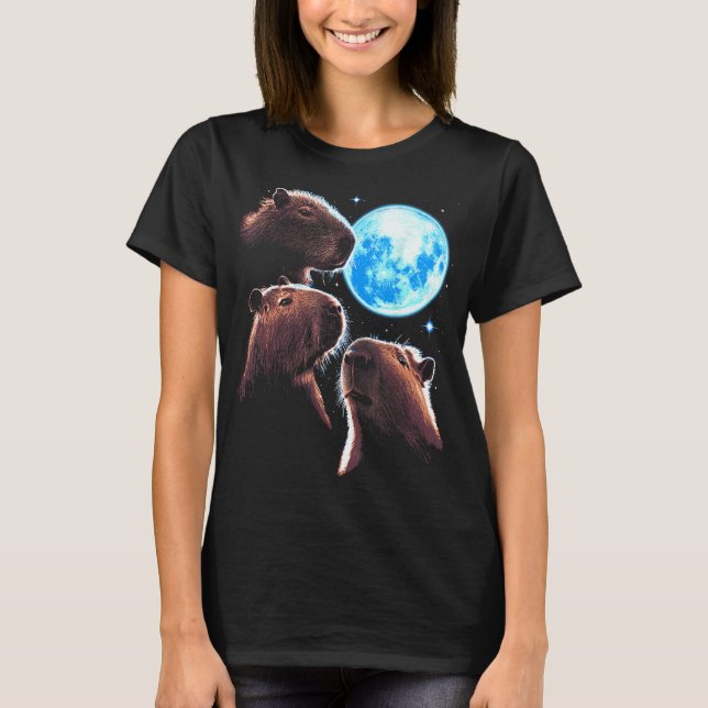 Camiseta Três Capybara Moon Funny Capybara Meme Mystical C (Frente)