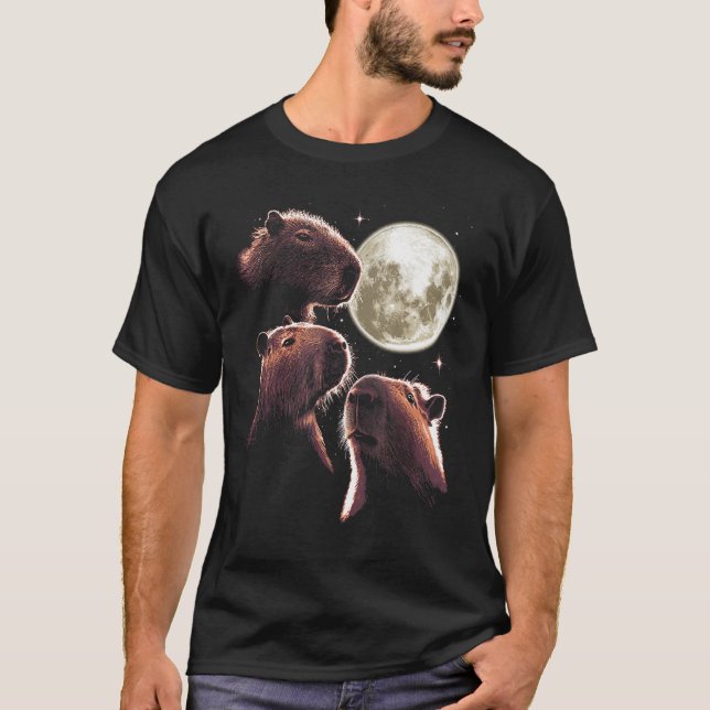 Camiseta Três Capybara Moon Funny Capybara Meme Mystical C (Frente)