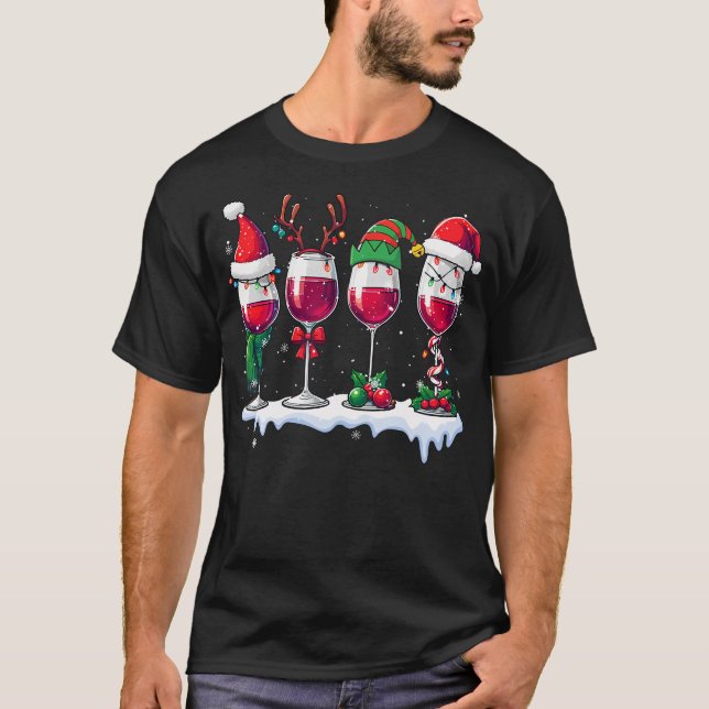 Camiseta Três Copos de Vinho de Natal com Elfo do Papai Noe (Frente)