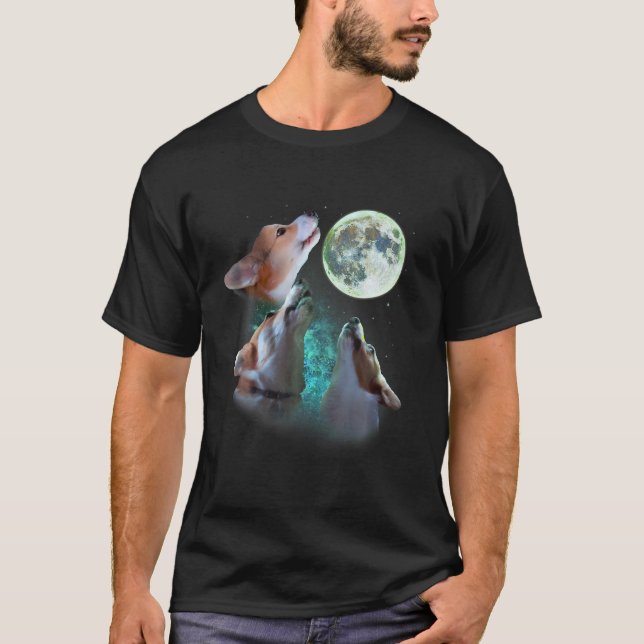 Camiseta Três Corgis Howat Na Lua 3 Lobos Engraçados Par (Frente)