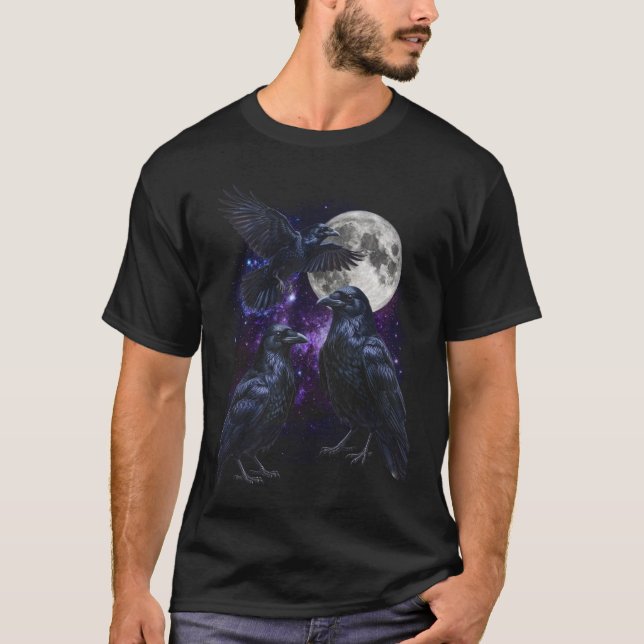 Camiseta Três Corvos Lua Gótico Espaço Cósmico Gráfico Retr (Frente)