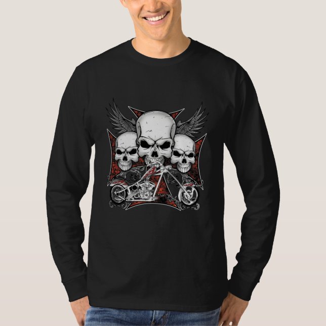 Camiseta Três crânios com a capa de motocicleta vermelha (Frente)