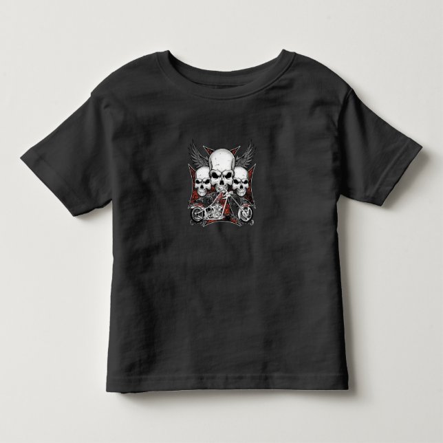 Camiseta Três crânios com motocicleta Red Chopper (Frente)
