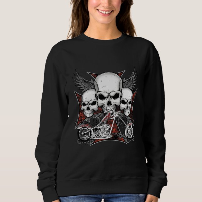 Camiseta Três crânios com motocicleta Red Chopper (Frente)