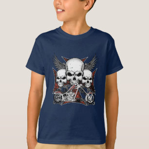 Camiseta Três crânios com o garoto de motocicleta vermelho 