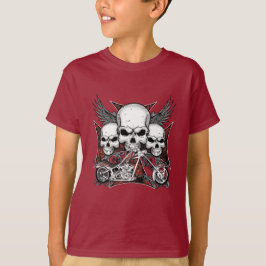 Camiseta Três crânios com o garoto de motocicleta vermelho