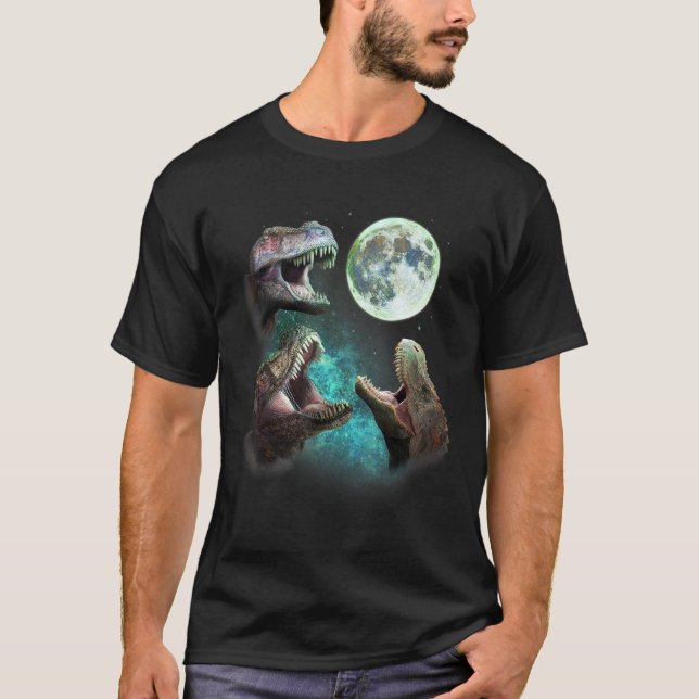 Camiseta Três Dinossauros T Rex Howl Na Lua 3 Lobos Paródia (Frente)