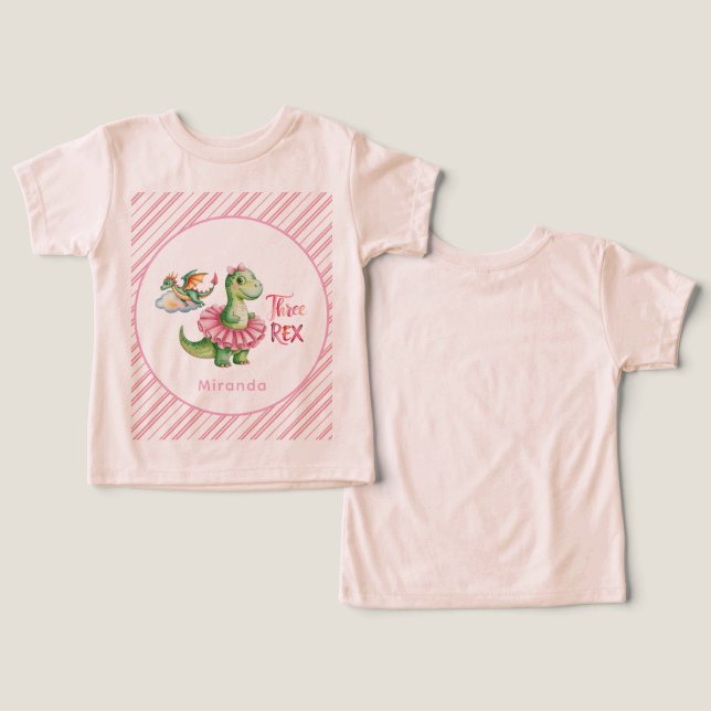 Camiseta Três Festas de aniversário Rex Dinossaur Girl (Design Frente e Verso)