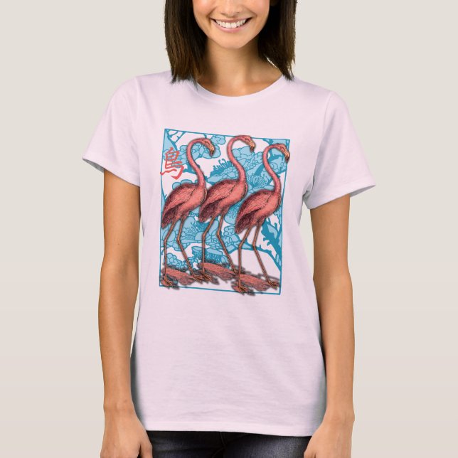 Camiseta Três flamingos com flores (Frente)