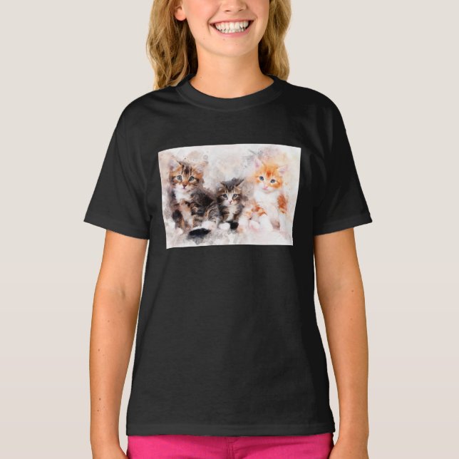 Camiseta Três gatinhos lindos e bonitos aquarela (Frente)