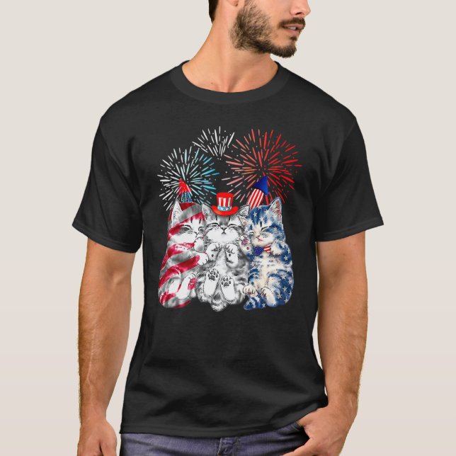Camiseta Três Gatos 4 De Julho, Bandeira Americana, Gato Pa (Frente)