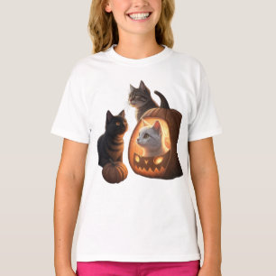 Camiseta Três gatos dentro de abóboras esculpidas e ilumina