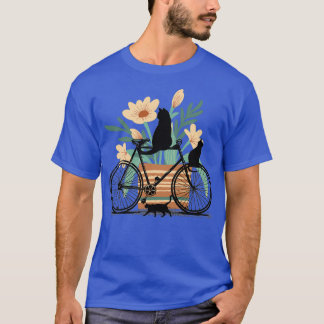 Camiseta Três Gatos Pretos, Bicicleta e Pote com Flores