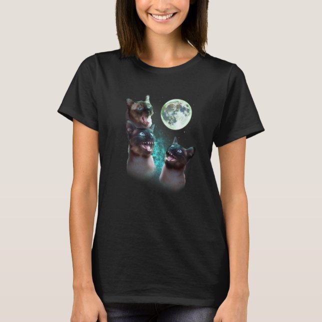 Camiseta Três Gatos Siameses No Hallowee Engraçado Da Lua (Frente)