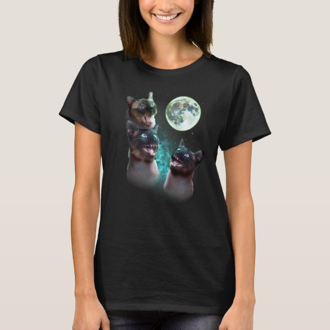 Camiseta Três Gatos Siameses No Hallowee Engraçado Da Lua (Frente)