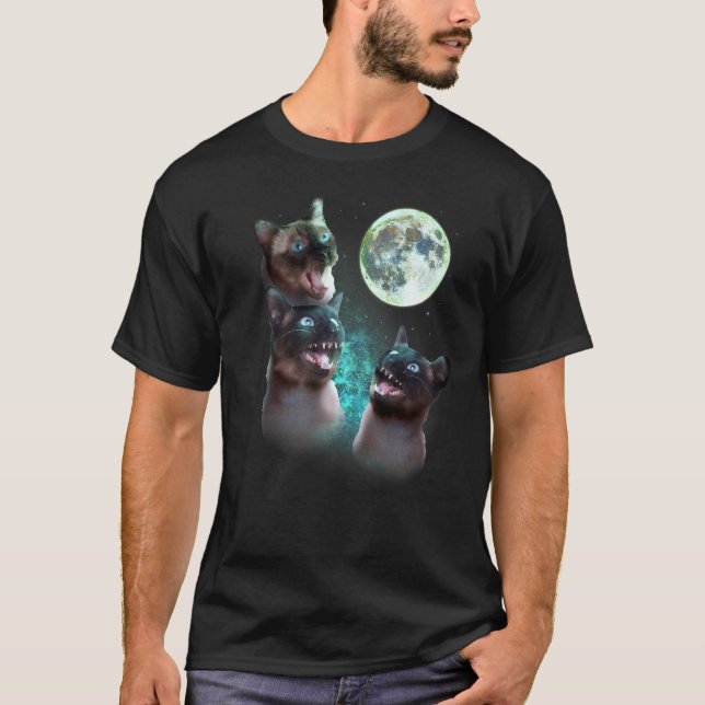 Camiseta Três Gatos Siameses No Hallowee Engraçado Da Lua (Frente)
