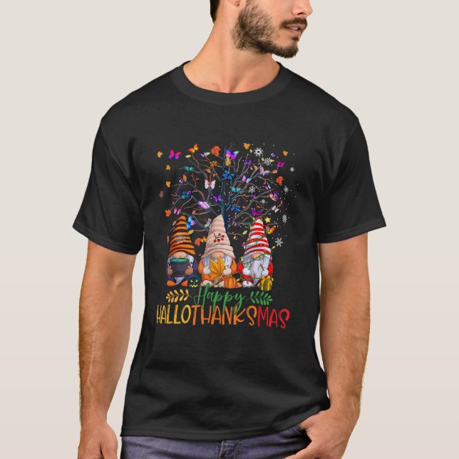Camiseta Três Gnomos Halloween Feliz Natal Feliz Hallo (Frente)