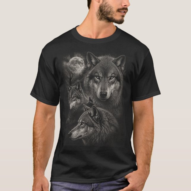 Camiseta Três Lobos Lua Cheia | Uivar de Lobo da Natureza S (Frente)