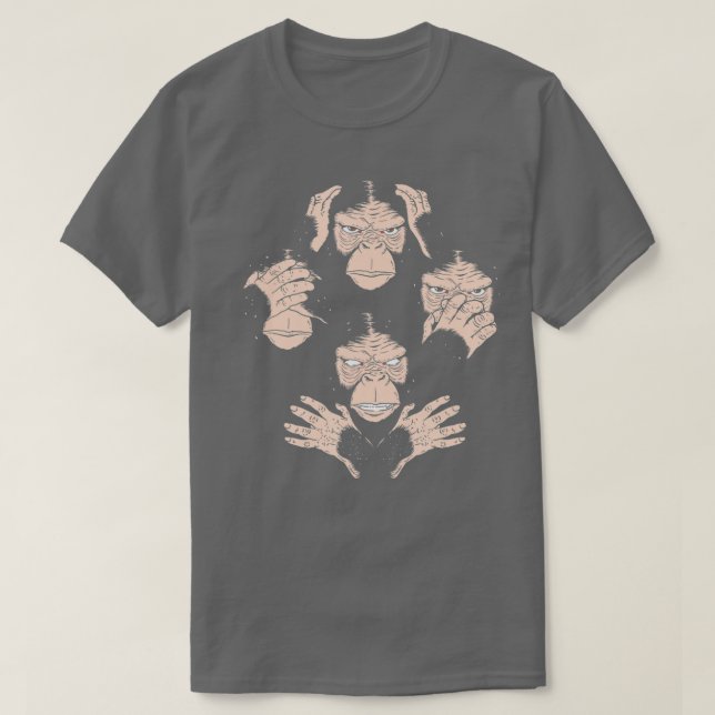 Camiseta Três Macacos Sábios Veem Ouvir Falar Sem Mau (Frente do Design)
