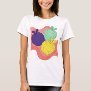 CAMISETA TRÊS MAÇÃS COLORIDAS EM UM FUNDO VIBRANTE
