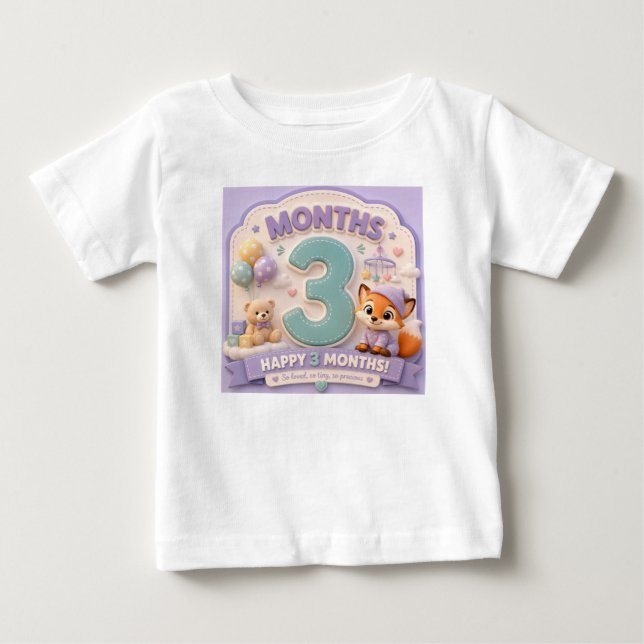 Camiseta Três Meses de Descoberta – Pequeno Marco de Bebê  (Frente)